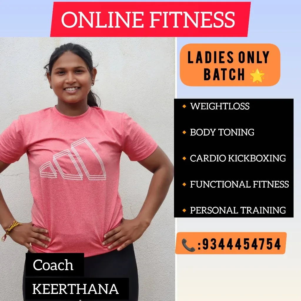 Coach Keerthana ladies-only online fitness batch: weight loss, body toning, cardio kickboxing, functional fitness, and personal training